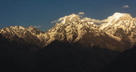 A black and white landscape of the Kinner Kailash range as seen from the village of Kalpa in Kinnaur in the Indian Himalayas.