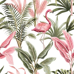 Afwasbaar Fotobehang Tropische print Tropische vintage roze flamingo, bananenbomen en planten naadloze bloemmotief witte achtergrond. Exotisch junglebehang.
