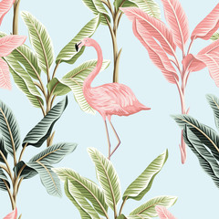 Tropical vintage pink flamingo and banana trees floral seamless pattern blue background. Exotic jungle wallpaper.