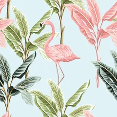 Wall murals Flamingo Tropical vintage pink flamingo and banana trees floral seamless pattern blue background. Exotic jungle wallpaper.