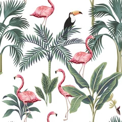 Tapeten Tropical Vintage Flamingo, Tukan, Palmen, Bananenbaum floral nahtlose Muster weißen Hintergrund. Exotische botanische Dschungeltapete. © good_mood