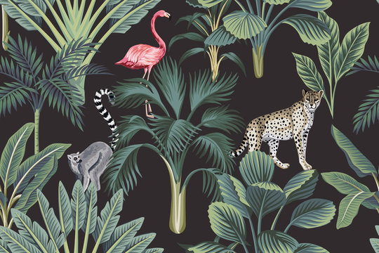 Tropical vintage wild animals, flamingo, palm trees, banana tree floral seamless pattern dark background. Exotic botanical jungle wallpaper. © good_mood