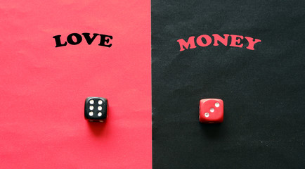Gambling for Choosing Love or Money. Red dice on black background and black dice on red background. Red shows three and black shows six.