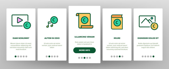 Intellectual Property Onboarding Mobile App Page Screen Vector. Human Silhouette, Video And Music, Book And Web Site Intellectual Property Illustrations