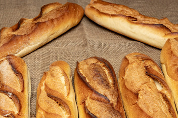 French baguettes. Fresh crisp bread. Copy space..