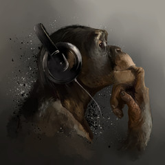 Chimpanzee listening to music. Watercolor drawing - 312208246