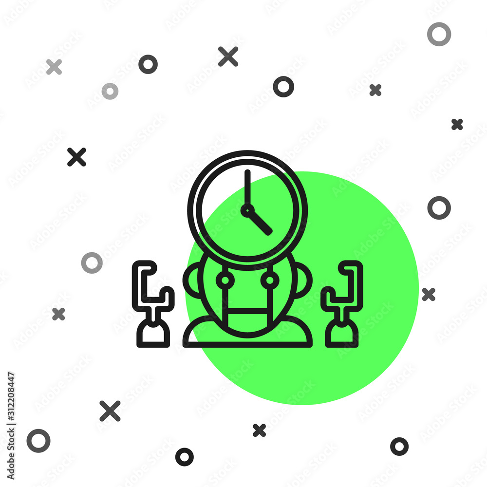 Poster black line robot and digital time manager icon isolated on white background. time management assista