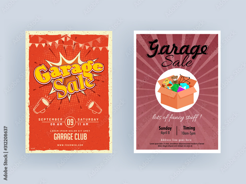 Wall mural retro garage sale flyer or template design with event details in two color abstract background.