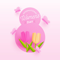 International Women's Day Poster Design with Paper Cut Tulip Flowers and Butterflies Decorated on Pink Background.