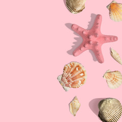 Border made of sea shells and starfish on pastel pink. Summer concept background. Flat lay, top view