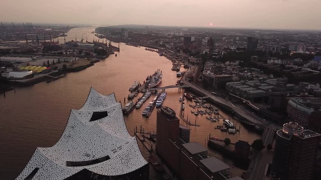 Aerial view of the Elbe River and the Opera House in Hamburg during sunset. Geramania in the summer