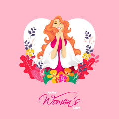 Beautiful Young Woman with Colorful floral on Pink Background for Happy Women's Day Concept.