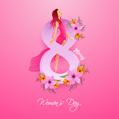 Paper Cut 8 Number of March Decorated with Flowers and Modern Young Lady Character on Glossy Pink Background for Women's Day Celebration Concept.