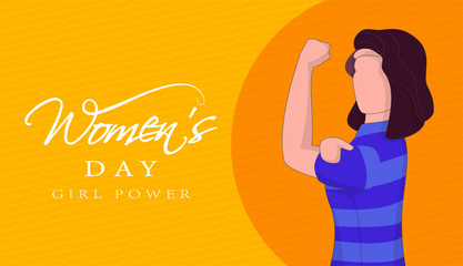 Faceless Woman Showing Her Strong Arm on Yellow and Orange Striped Background for Women's Day. Girls Power Concept.
