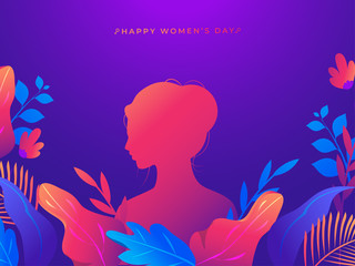 Silhouette Woman with Colorful Nature on Purple Background for Happy Women's Day Celebration Concept.