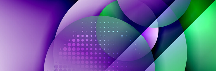 Dynamic trendy geometrical abstract background. Circles, round shapes 3d shadow effects and fluid gradients. Modern overlapping round forms