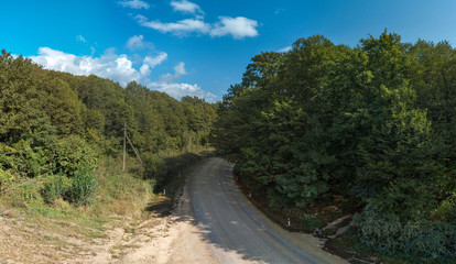 the forested low mountains of the Western Caucasus at the very beginning of autumn - trees with...