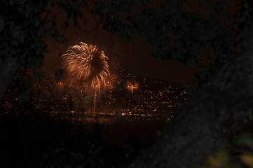 Red fireworks in the distance