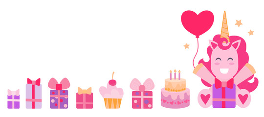 Vector background with happy unicorn and gifts