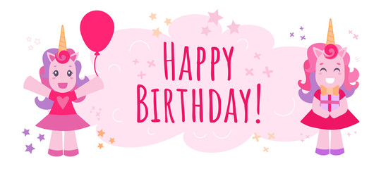 Vector pink background with unicorns, gifts and a cloud with text for birthday.