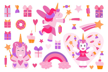 Set of Cute Cartoon Unicorns isolated on a white background