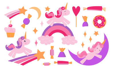 Set of Cute Cartoon Unicorns isolated on a white background