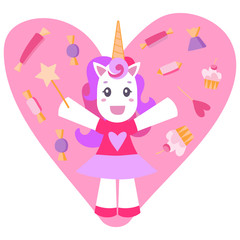 Cheerful unicorn on a pink background with sweets.