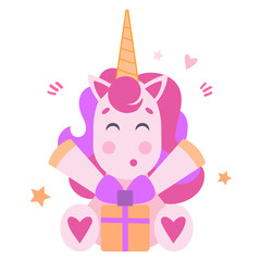 Vector illustration of a cheerful white unicorn with a gift