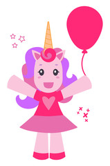 Cheerful pink unicorn with balloon isolated on white background