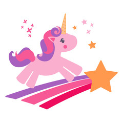 Beautiful and cute pink unicorn kid flies on a star mid blue background isolated