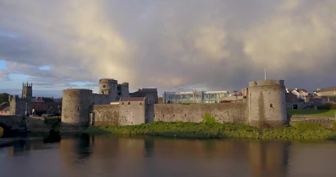 King John castle aerial view at sunset. Limerick, Ireland. May 2019