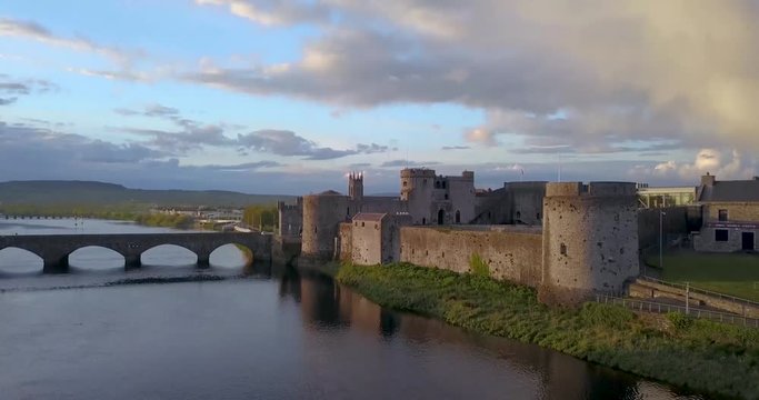 King John castle aerial view at sunset. Limerick, Ireland. May 2019