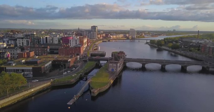 Limerick city weir aerial view at sunset. Limerick, Ireland. May 2019