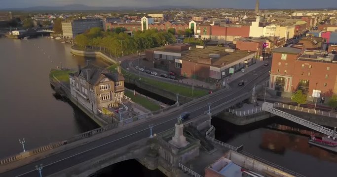 Limerick city weir aerial view at sunset. Limerick, Ireland. May 2019