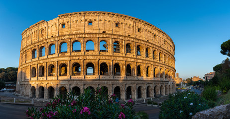 Fototapeta na wymiar Beautiful panorama of Colloseum during sunrise without people. Sun lits on the amphitheater. No people at Colloseum.
