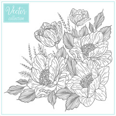 Hand Drawn Botanical Flowers. Bouquet of vintage flowers. Set of plant elements. Vector Collection of Illustrations. Hand sketched vector vintage element. Wedding decorations