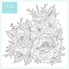 Naklejka premium Hand Drawn Botanical Flowers. Bouquet of vintage flowers. Set of plant elements. Vector Collection of Illustrations. Hand sketched vector vintage element. Wedding decorations