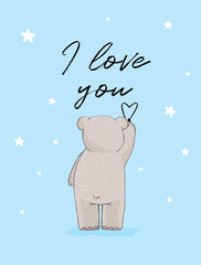 Fototapeta premium Sweet Little Bear Writing a Declaration of Love. Cute Nursery Vector Illustration with Little Teddy Bear Isolated on a Blue Background. Funny Romantic Art Ideal for Card, Poster, Wall Art, Postcard.