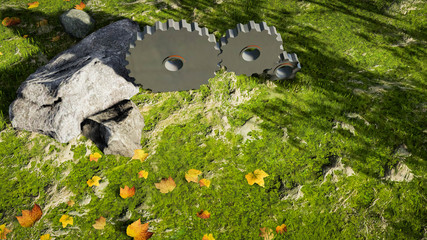 Eco Gear Concept, Gear Cog in Nature Forest, 3D Rendering