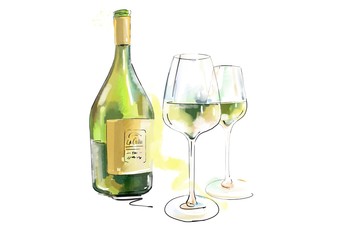 bottle and glass of white wine isolated