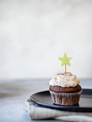 chocolate cupcake or muffin with cream on a light gray background. delicious dessert. vertical image, copy space