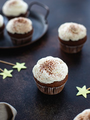Delicious chocolate cupcakes with white frosting. dark background. vertical image.