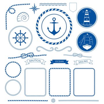 Rope frames, knots, corners and ribbons. Nautical sea collection, marine rope, boat, lighthouse logo, anchor, helm, compass icons. Vector illustration decorative elements