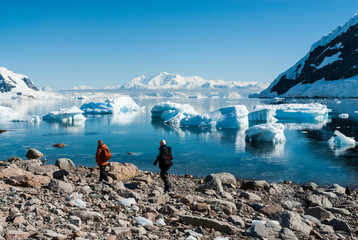 Tourists walking on Antarctic beach, Neko Harbor, Antarctic Peninsula - obrazy, fototapety, plakaty