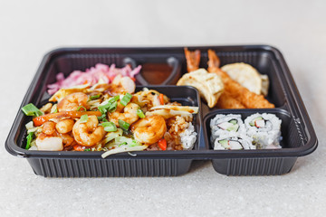 Takeaway bento lunch plastic box. Japanese and asian cuisine