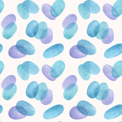 Blue and lilac abstract spots, Seamless pattern. Stylish background with transparent chaotic ovals. On white background.