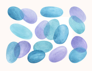 Set of watercolor spots of blue and lilac shades. Abstract design objects isolated on a white background.