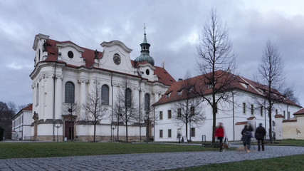 Scenic view of Brevnov monatery in Prague, Czech Republic during twilight. Benedictine Archabbey of...