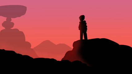 silhouette of man on top of the mountain silhouette mountain Cliff  sunset hand drawn vector background wallpaper illustration