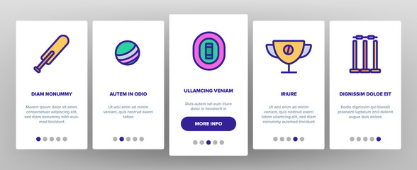 Cricket Onboarding Mobile App Page Screen Vector. Player Silhouette And Helmet, Ball And Bat, Goblet And Cricket Equipment Illustrations